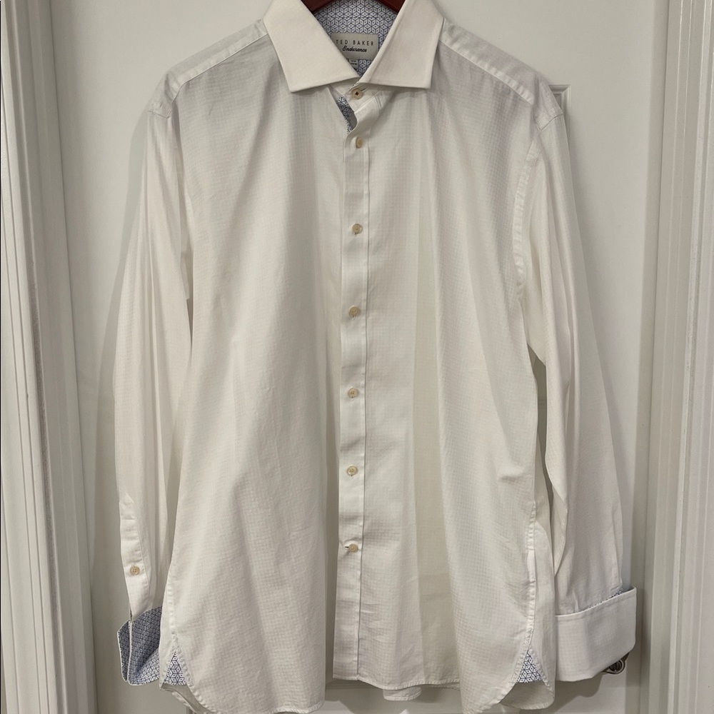 Ted Baker White Shirt with Geometric Pattern Accents. French Cuffs. 17.5 34/35
